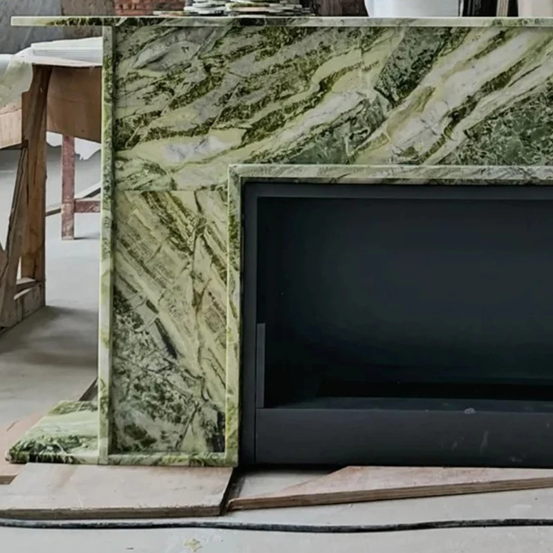 Luxury Natural Stone Hand Craved Italian Light Calacatta Green Marble Fireplace Surround Mantel For Indoor Hotel Villa Decor