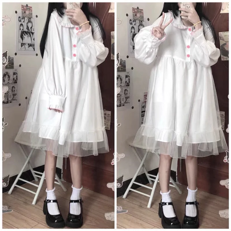 2022 White Kawaii Lolita Dress Women Long Sleeve Chiffon Patchwork Midi Dresses Japanese Sweat Girls Robe Preppy Style Outfit