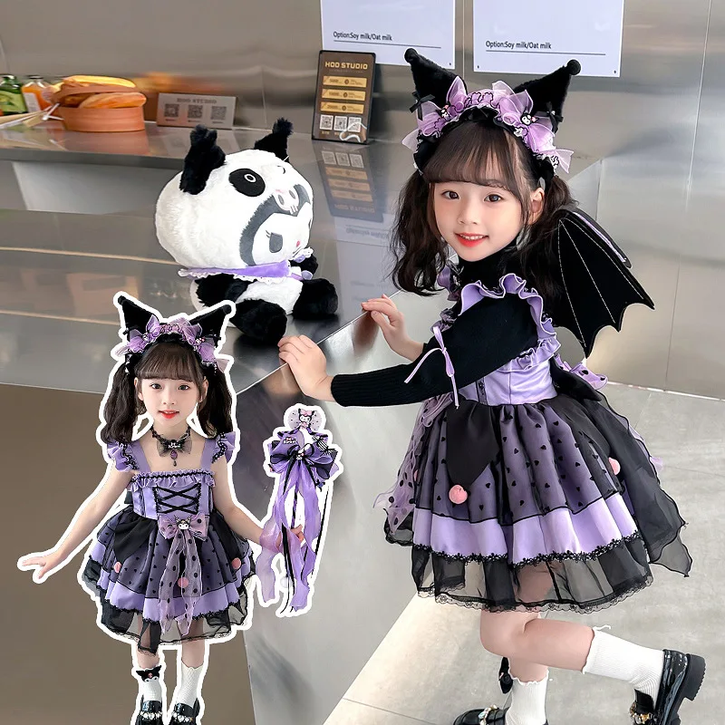 Sanrio-vestido de princesa Kuromi Lolita para niños, disfraz de primavera y otoño, falda hinchada, traje de Halloween, regalo de cumpleaños para niñas