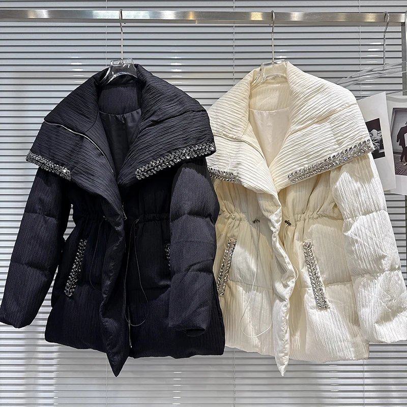 Industria lourde clou perle grand revers col cordon taille chaleur manteau femmes 2025 hiver nouveau mi à longue doudoune