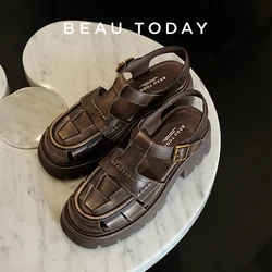 BEAUTODAY Gladiator Platform Sandals Women Solid Buckle T-Strap Thick Sole Retro Rome Summer Beach Ladies Shoes Handmade 38260