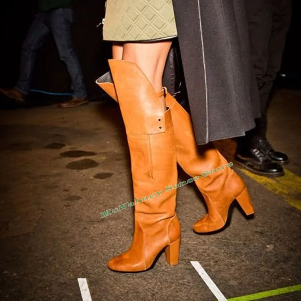 

Patchwork Thick Heels Boots Pointy Toe Solid Leather High Heels Boots Women New Style Shoes Over The Knee Buckles Straps Design