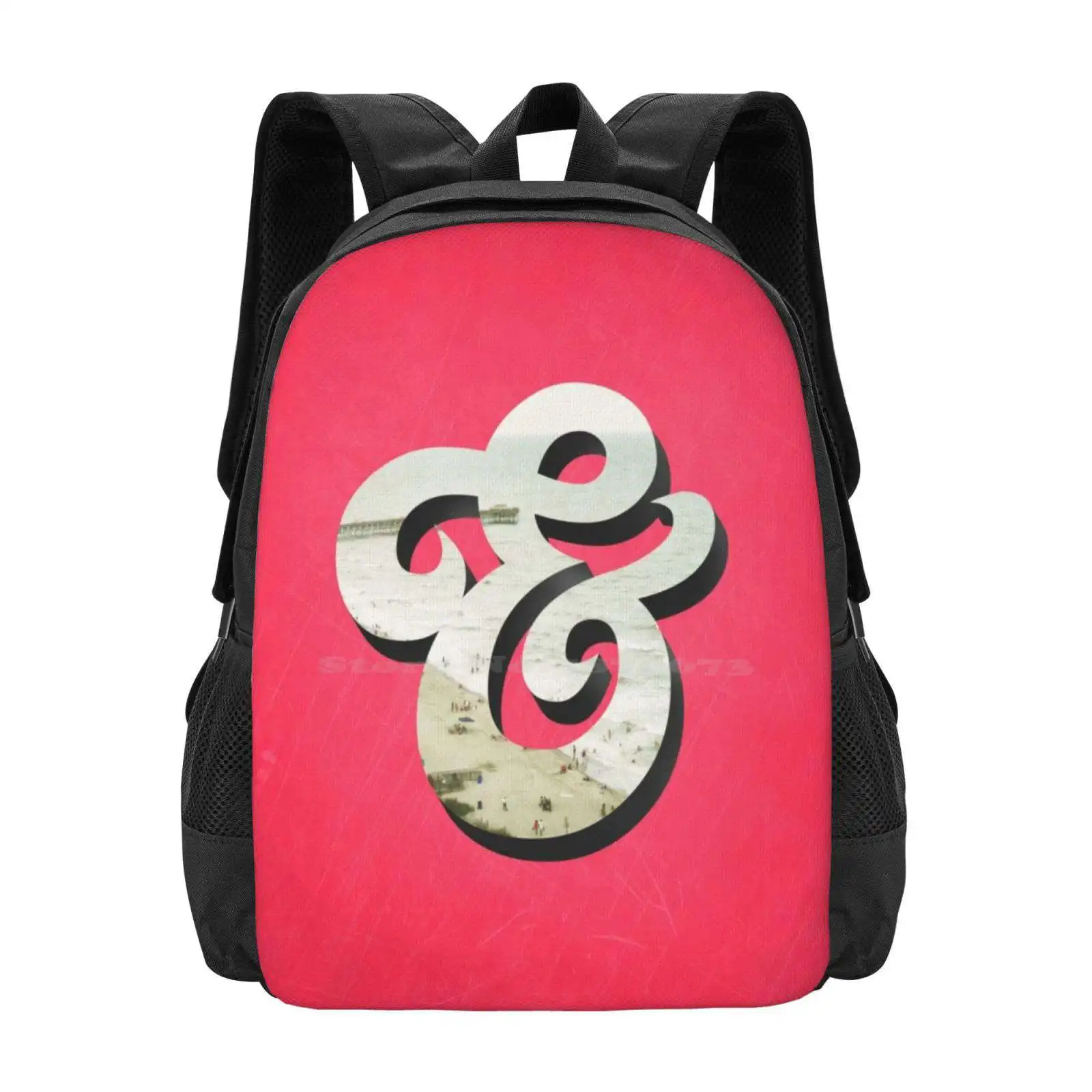 Amper Sand Pattern Design Bagpack School Bags Ampersand And Sign Pink Coral Beach Scene Vintage Grungy