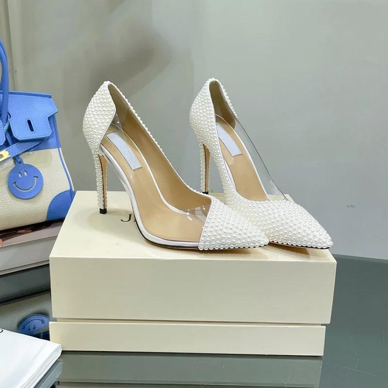 

Кожаные туфли со стразами и милым жемчугом, женские прозрачные сандалии с острым носком на очень высоком каблуке и бриллиантами, модельные свадебные туфли-лодочки