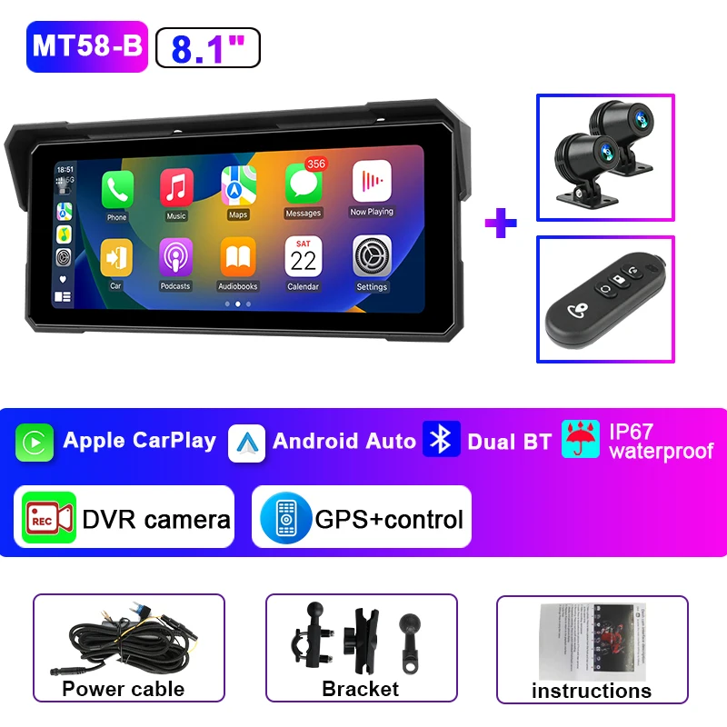 Jansite Draagbare 8.1 inch IP67 Waterdichte Motorfiets 4K DVR GPS Navigatie Draadloze Carplay Android Auto Moto Recorder Monitor