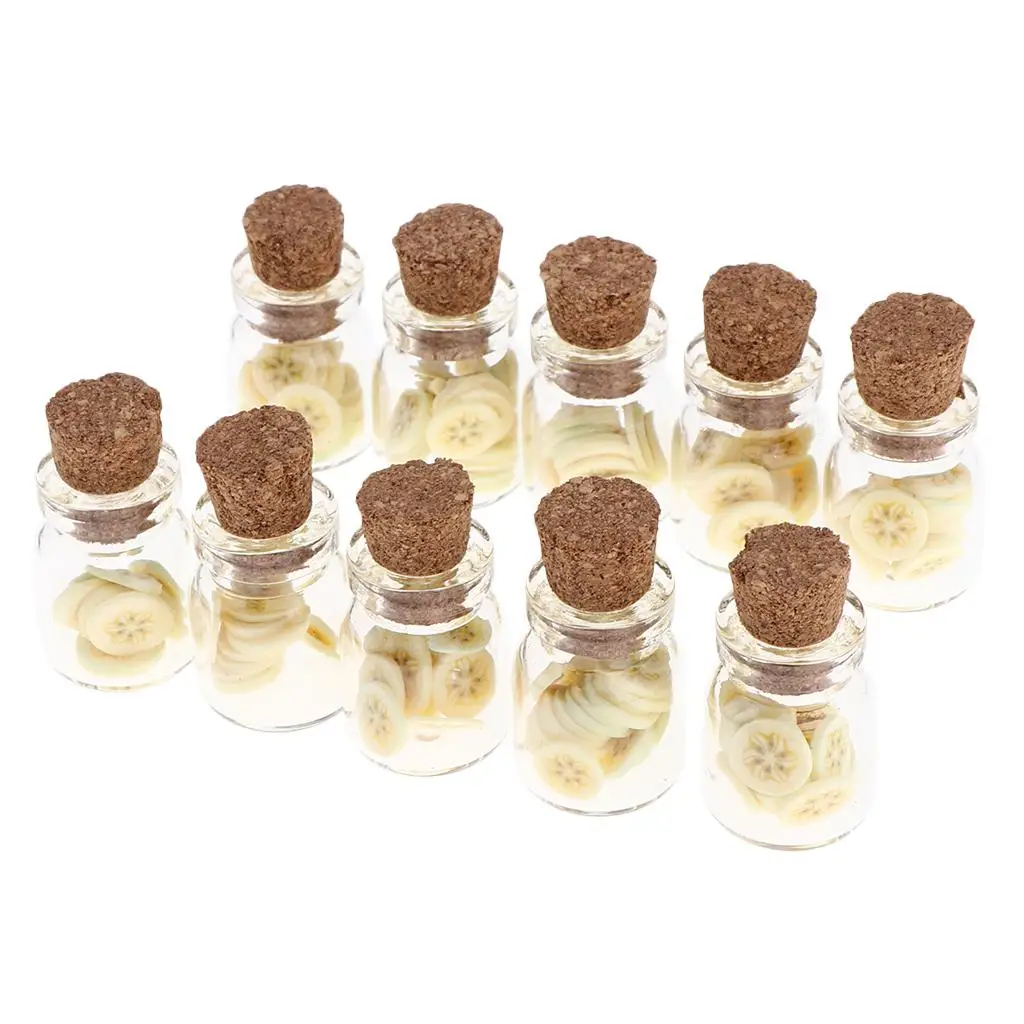 Frasco de vidro com cortiça, 10 peças, escala 1:12, casa de bonecas, modelo de comida em miniatura, banana