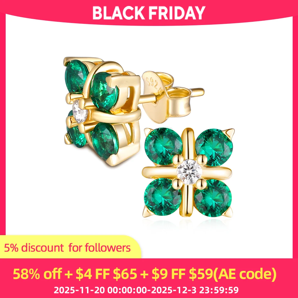 

APIR 18K Gold Plated Cultivate Emeralds Moissanite Stud Earrings Luck Four-leaf Clover Anniversary Birthday Ladies' Jewelry Gift