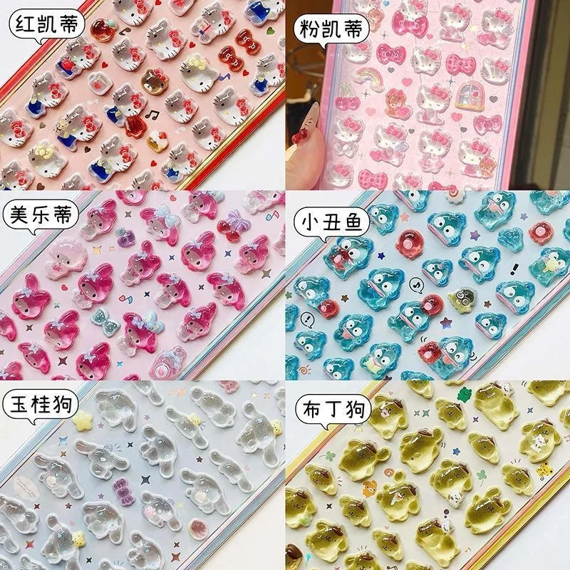 

Hellokitty Kuromi Cute Crystal Relief Stickers Anime Periphery For Diy Phone Case Cute Cartoon Student Hand Account Decoration