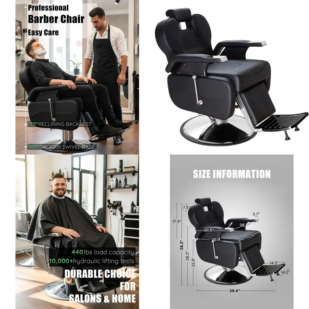 

Стул для парикмахера с откидной спинкой и сверхмощным насосом, подходящий для салонов и домашних студий — черный и серебристый