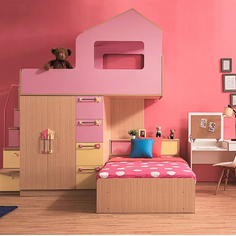 Wooden castle modern mdf Loft bunk beds kids bedroom furniture for girls kids children with storage stair desk