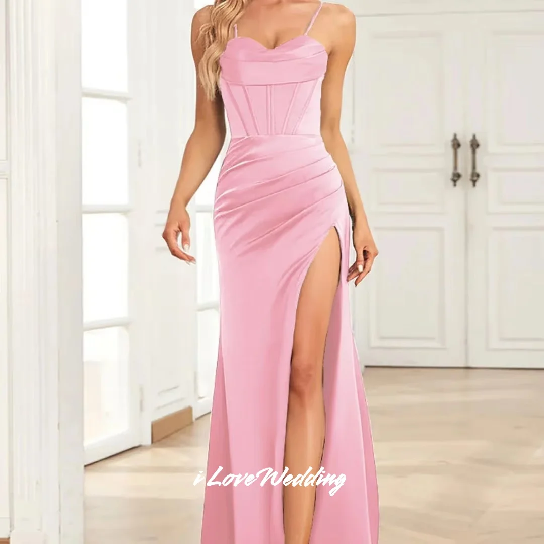 블루 스트랩리스 브라이드메이드 드레스 2025 스파게티 스트랩 슬리브리스 머메이드 사이드 슬릿 플로어 길이 플리츠 파티 드레스 맞춤 제작