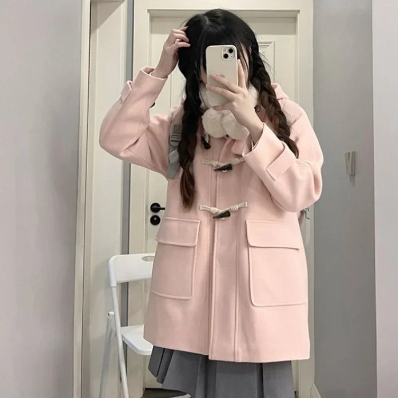 Preppy Pink Hooded Jacket College Style Horn Button Jk Coat for Women Autumn Winter New Quilted Thickened Woolen Coat for Women