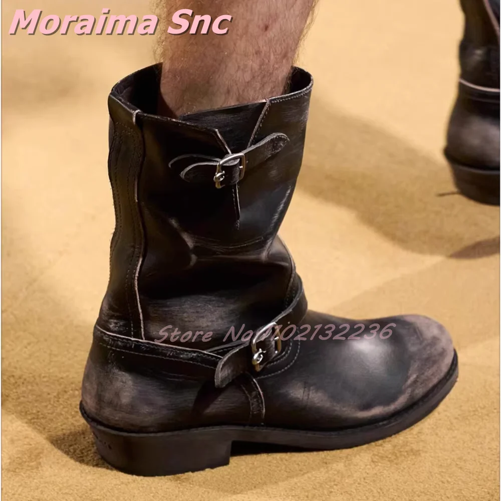 

Brushed Retro Belt Buckle Ankle Boots Round Toe Block Chunky Heel Fashion Women Western Boots Slip On Autumn Winter Runway 2026