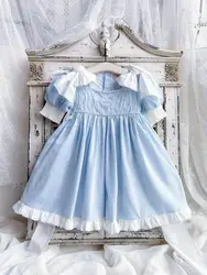 2024 Kids Spanish Clothes Girls HandMade Blue Dress with Big Bow sleeve Baby Pearl Embrodiery Dresses Children Elegant Frocks