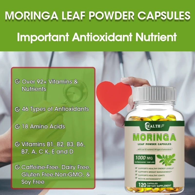 Moringa Oleifera 1000 mg Capsules Extra Potency 50:1 Extract Energizing Antioxidant, 60/120 Vegetarian Capsules