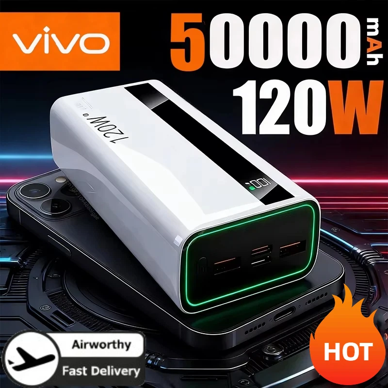 

Внешний аккумулятор VIVO 50000 мАч с высокой скоростью зарядки, большой емкостью, 120 Вт, супербыстрая зарядка, сертифицированный CCC, для iPhone и Android