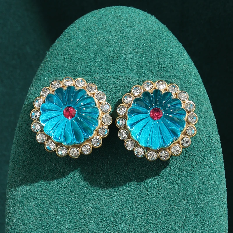 

Gold Plated Vintage Glass Blue Pumpkin Stud Earring For Women Round Jewelry Rhinestone Decoration Bride Elegant New Accessories