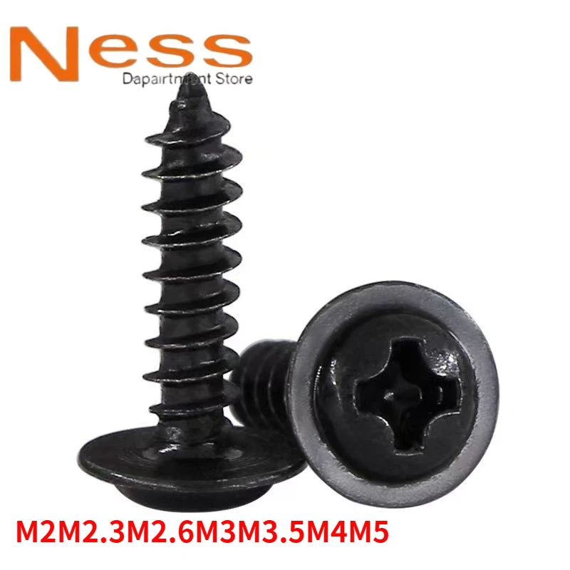 

PWA black zinc-colored round-head cross-head self-tapping screw with pad and flat head M2, M2.3, M2.6, M3, M3.5, M4, M5