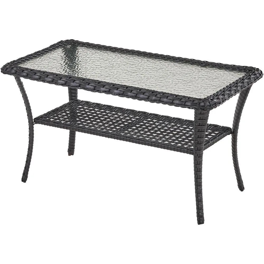 

Уличный журнальный столик с 2-уровневым хранилищем — плетеный журнальный столик с волнистой текстурой, столешница из закаленного стекла, всепогодная