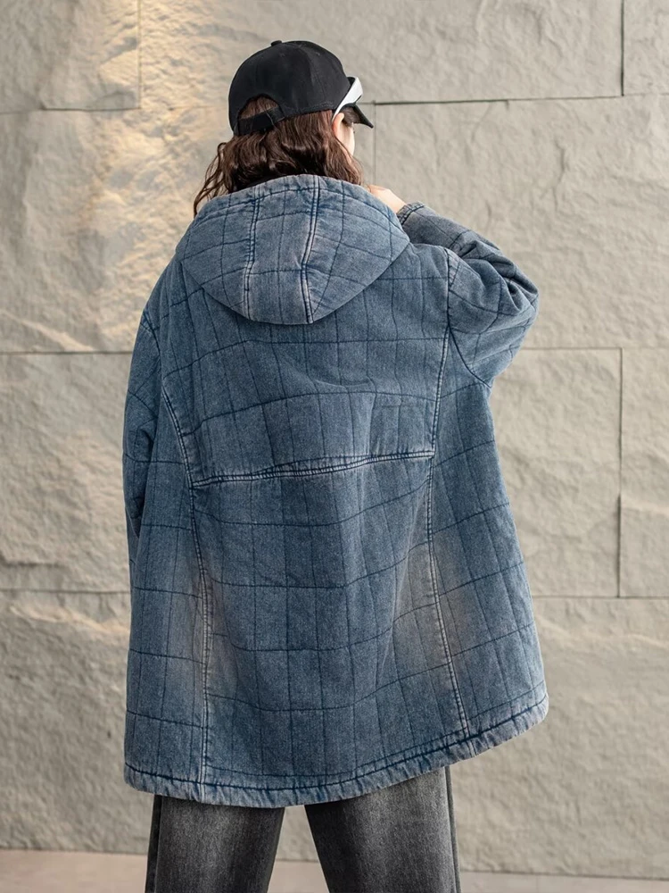 Max LuLu-Parkas rembourrés en denim à carreaux pour femmes, Jeacket, Vintage, Chaud, Classique, At, Capuche, Décontracté, Épais, Combinaison de grande taille, Hiver, Chinois