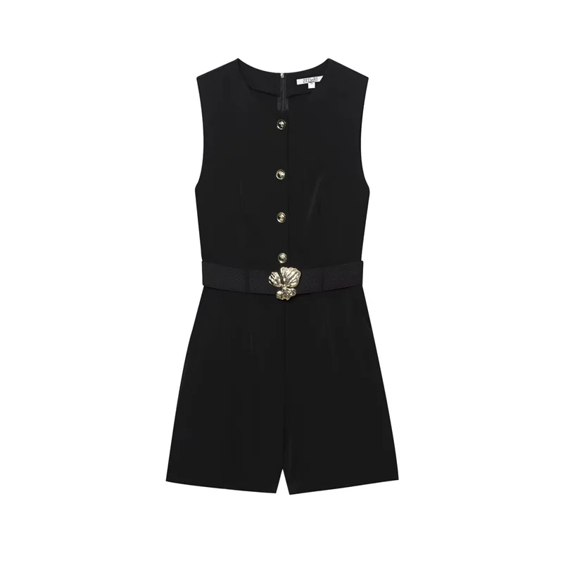 

Women's jumpsuit new summer style for 2025 black crêpe sleeveless jumpsuit with belt decoration casual fashion socialite