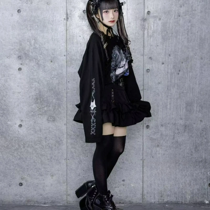 Japanese Kawaii Sweet Lolita T Shirts Women Vintage Cartoon Print O Neck Long Sleeves Top Y2k Aesthetic Casual Grunge Loose Tees