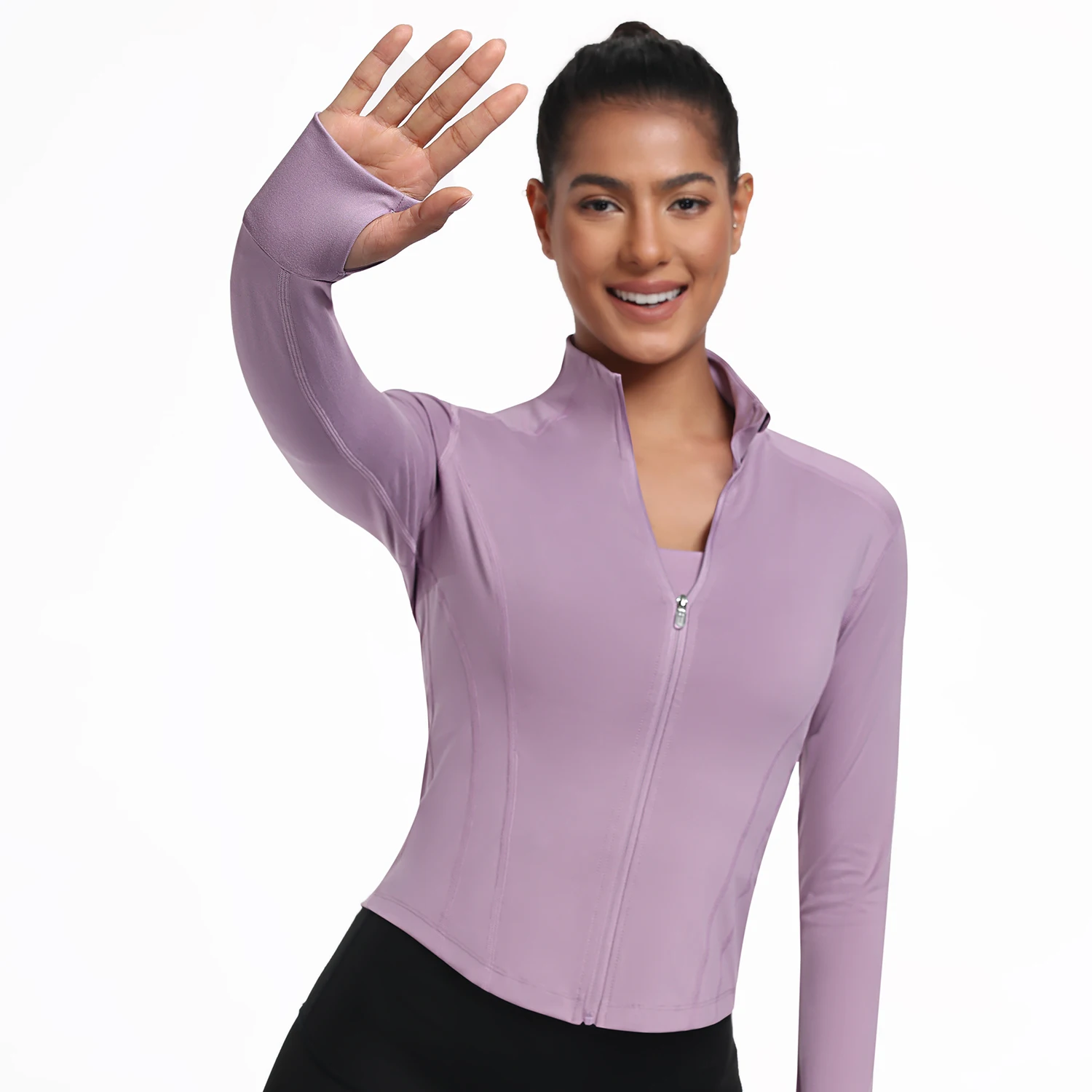 Women's Running Workout Jackets Long Sleeve Athletic Tops with Thumb Holes Stand Collar Zip Running Workout Coat Sportswear