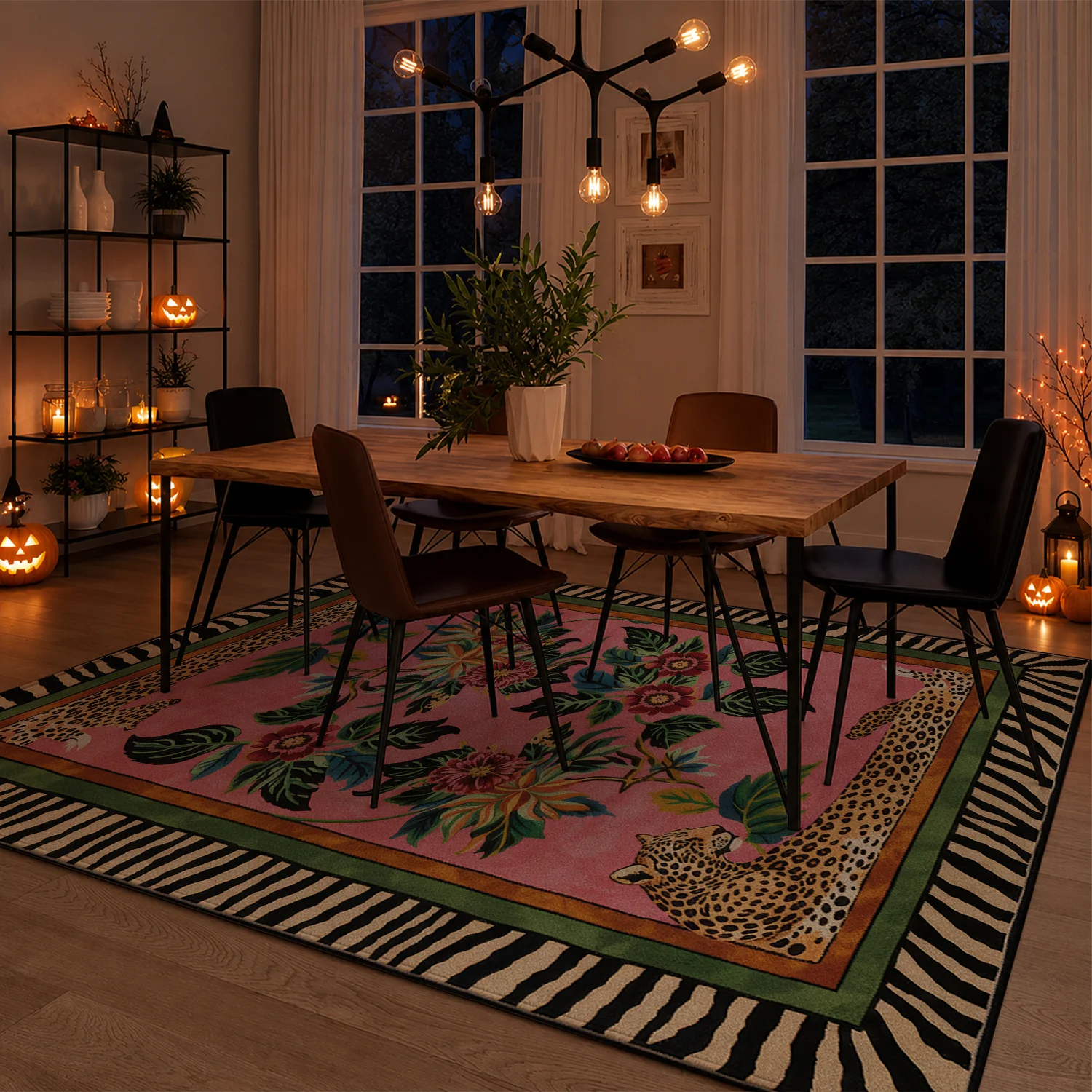Large Indoor Area Rug, Soft Velvet Low Pile with Non-slip Dotted Backing, Machine Washable Pink Tropical Floral Leopard Zebra Border Rug for Living Room Bedroom