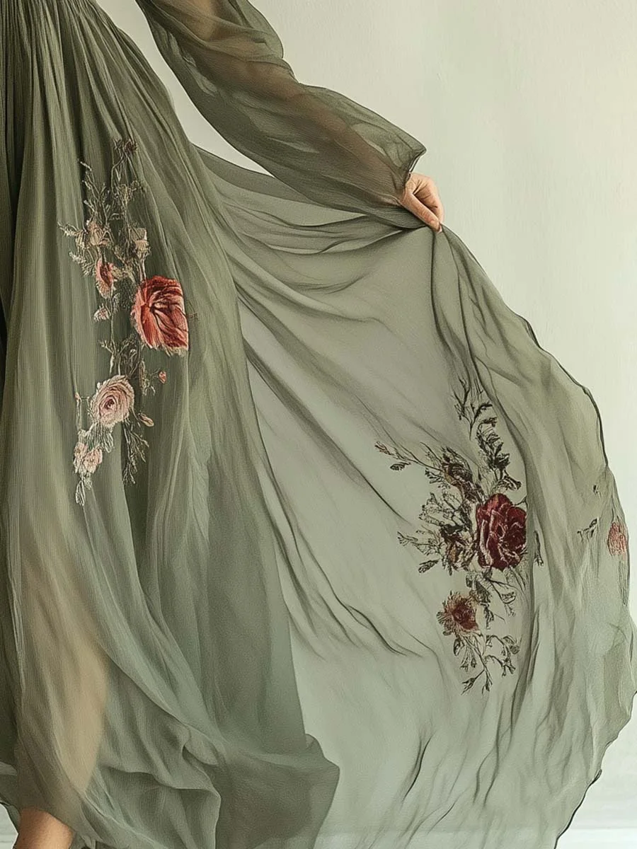 2026 European Style Women Digital Positioning Print Long Sleeve V Neck Maxi Long Dress