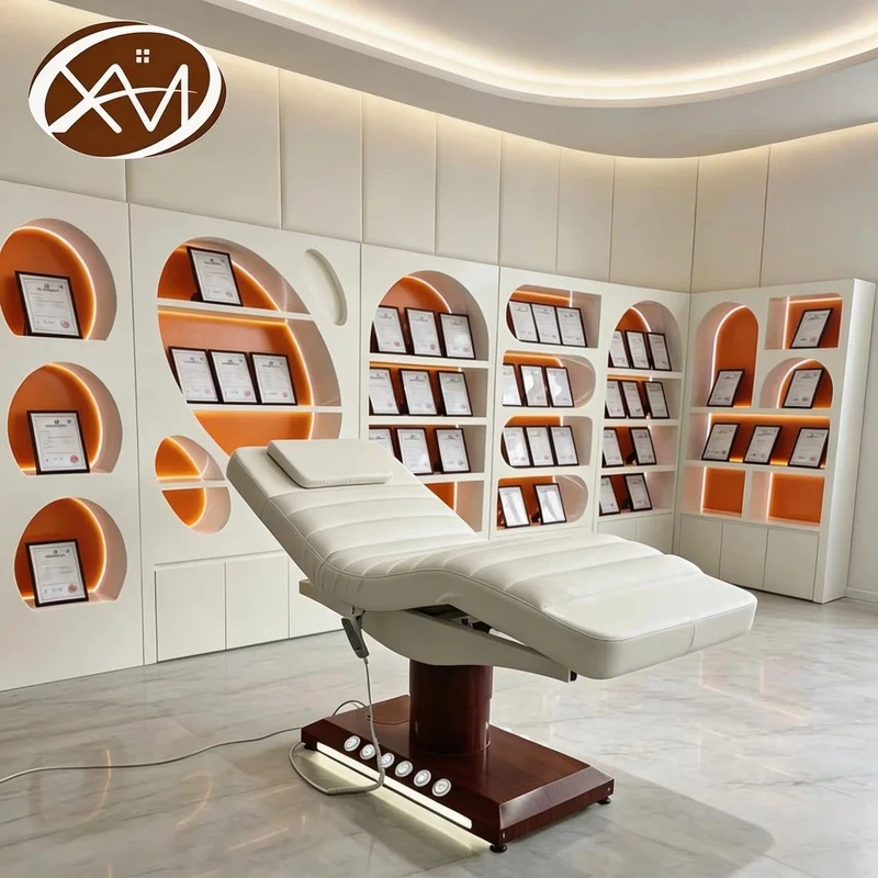 Commercial Grade 3 Motor Beauty Massage Bed Wood Grain Foot Control LED Base Salon Table for Esthetician Facial Lash Therapy