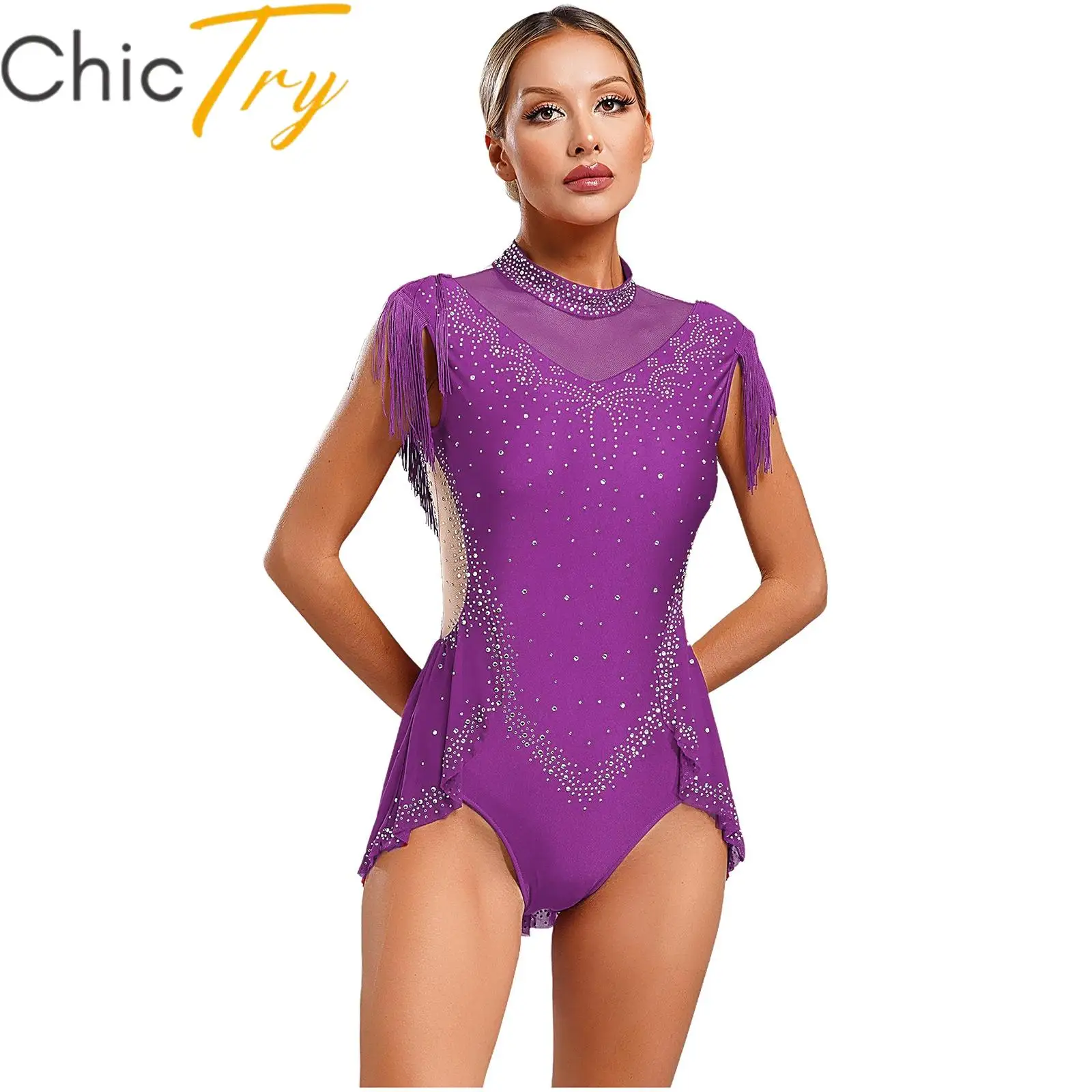 

Women Ballet Gymnastics Leotard Rhinestones Figure Skating Dance Costume Sleeveless Sheer Mesh Patchwork Tassel Skirted Bodysuit