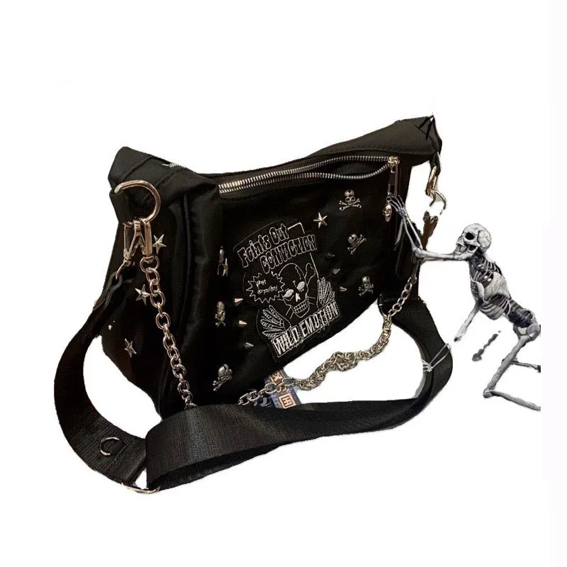 Popular Fashion Womens Personalise Punk Rivet Skull Shoulder Bag Handbag Black Cool Crossbody bags Messenger bag