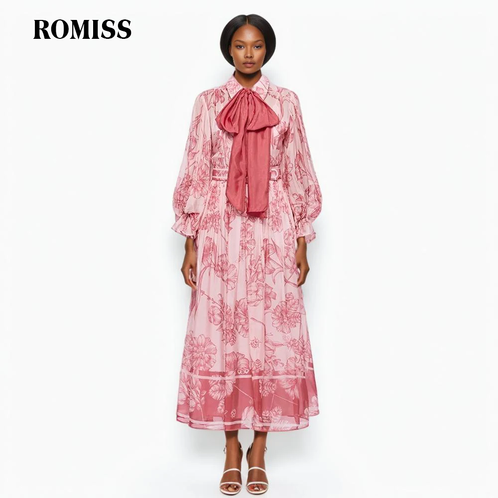 

ROMISS Colorblock Floral Printing Dress For Women Lapel Lantern Sleeve High Waist Patchwork Lace Up Elegant Dresses Female