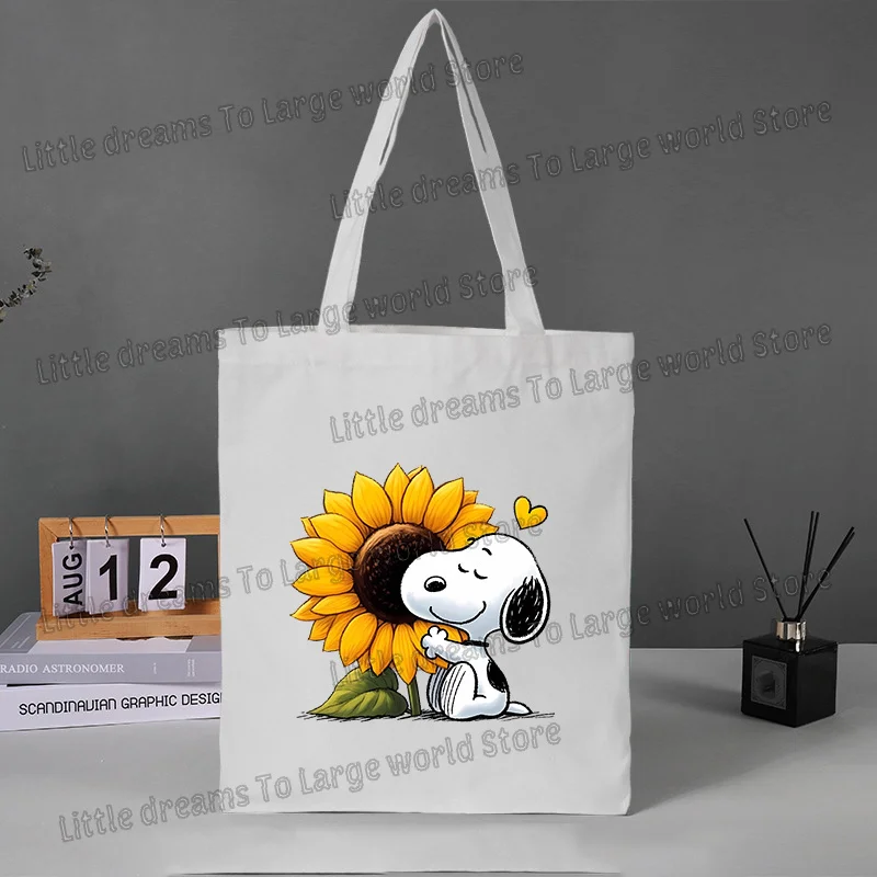กระเป๋าผ้าแคนวาสลายสนูปปี้ พิมพ์ลายอนิเมะ ใช้ซ้ำได้ พับเก็บได้ กระเป๋าถือสำหรับผู้หญิง ซักได้ กระเป๋าใส่ของชำแบบพกพา เป็นมิตรกับสิ่งแวดล้อม