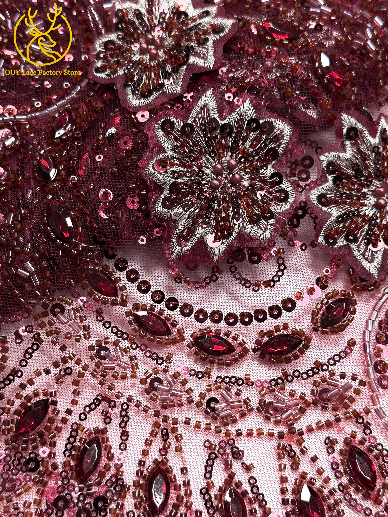 3D-Stickerei Blumen Französischer Mesh-Stein-Spitzenstoff 2026 Afrikanischer Nigerianischer Tüll Perlen-Pailletten-Spitzenstoff für Hochzeitsnäharbeiten – Detail 27