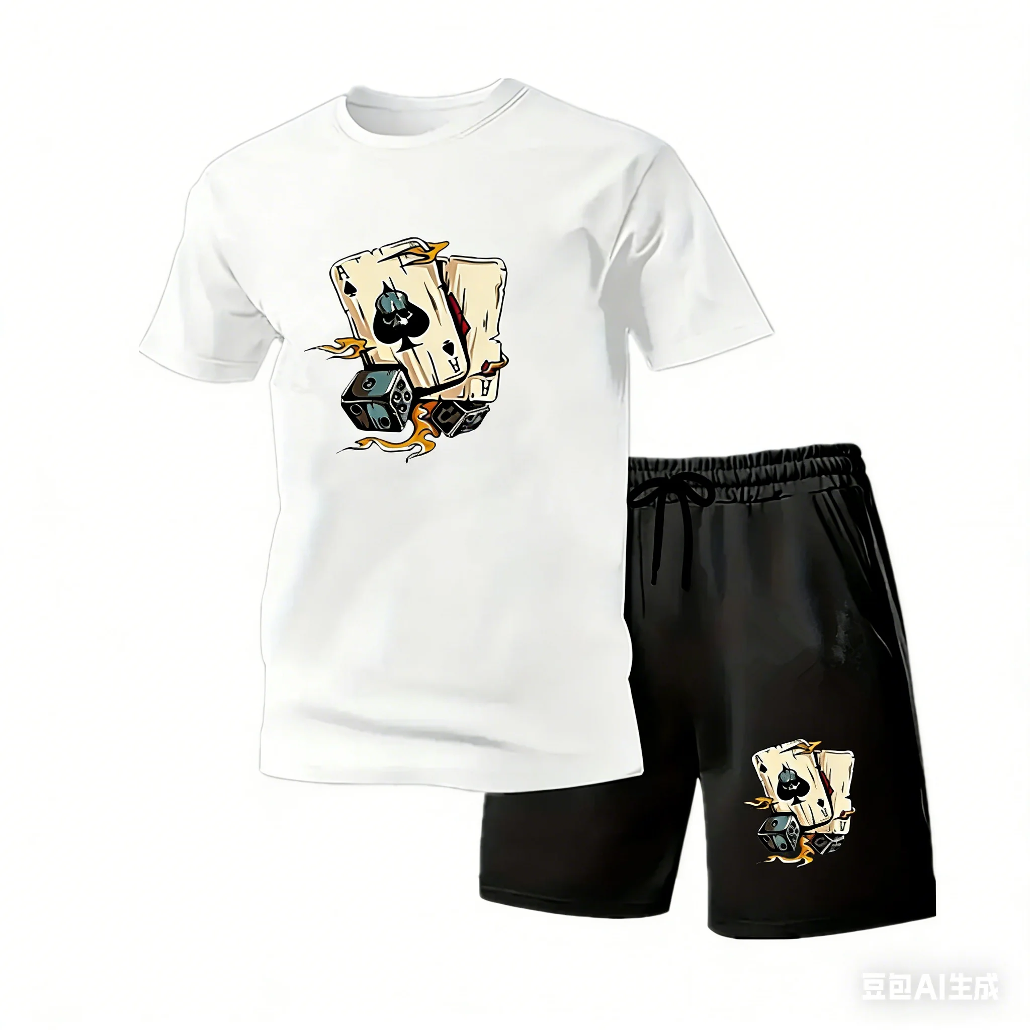 

Men's Casual Trendy Poker Element Graphic Print Comfortable Crew Neck Short Sleeve T-shirt & Shorts Sets Summer Oversized Loose