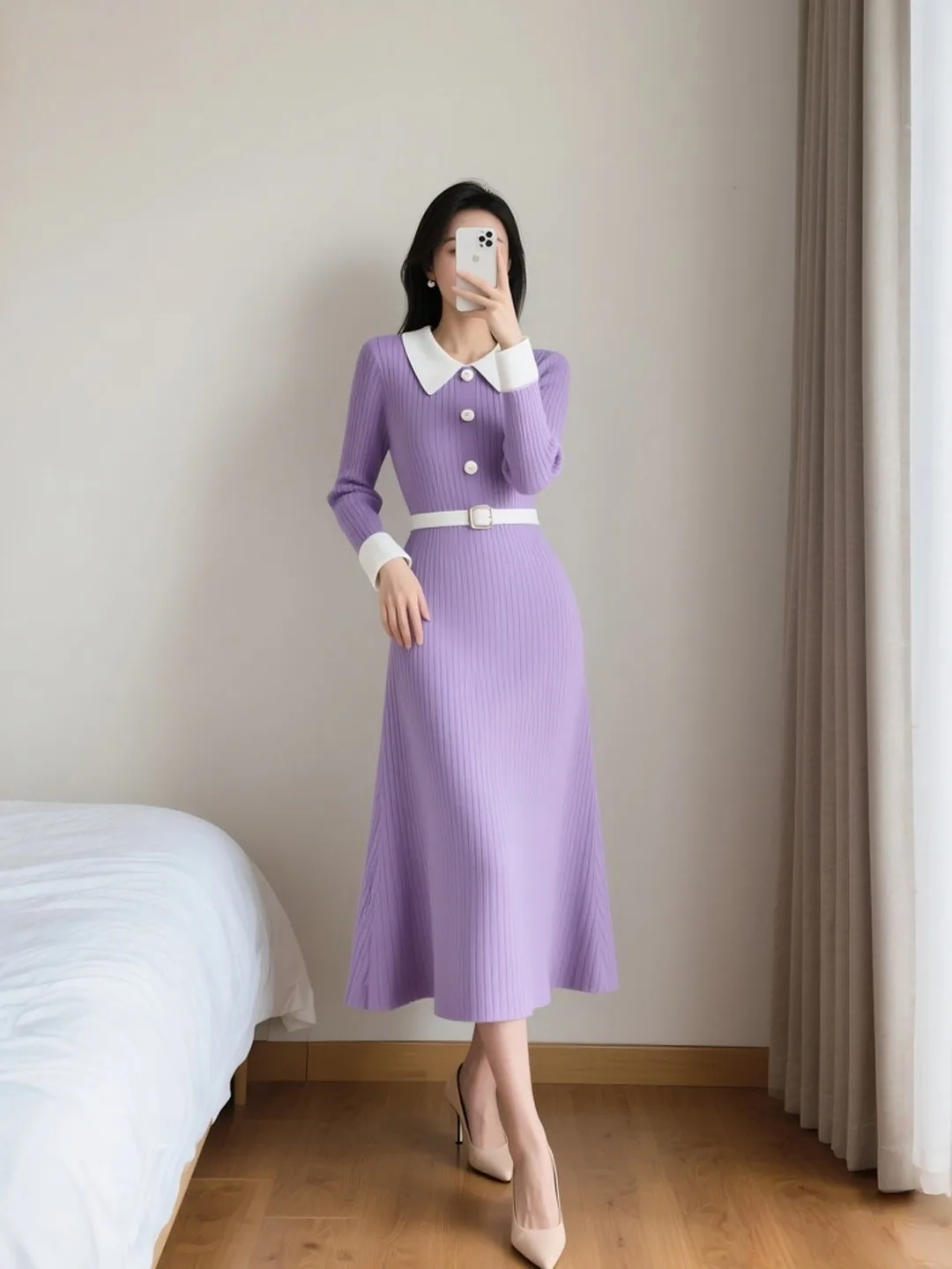 

Spring New Sle Women's Knitted Dr Ele Gentle ow Slimming Young Faionable Beautiful Maturi Light Sle