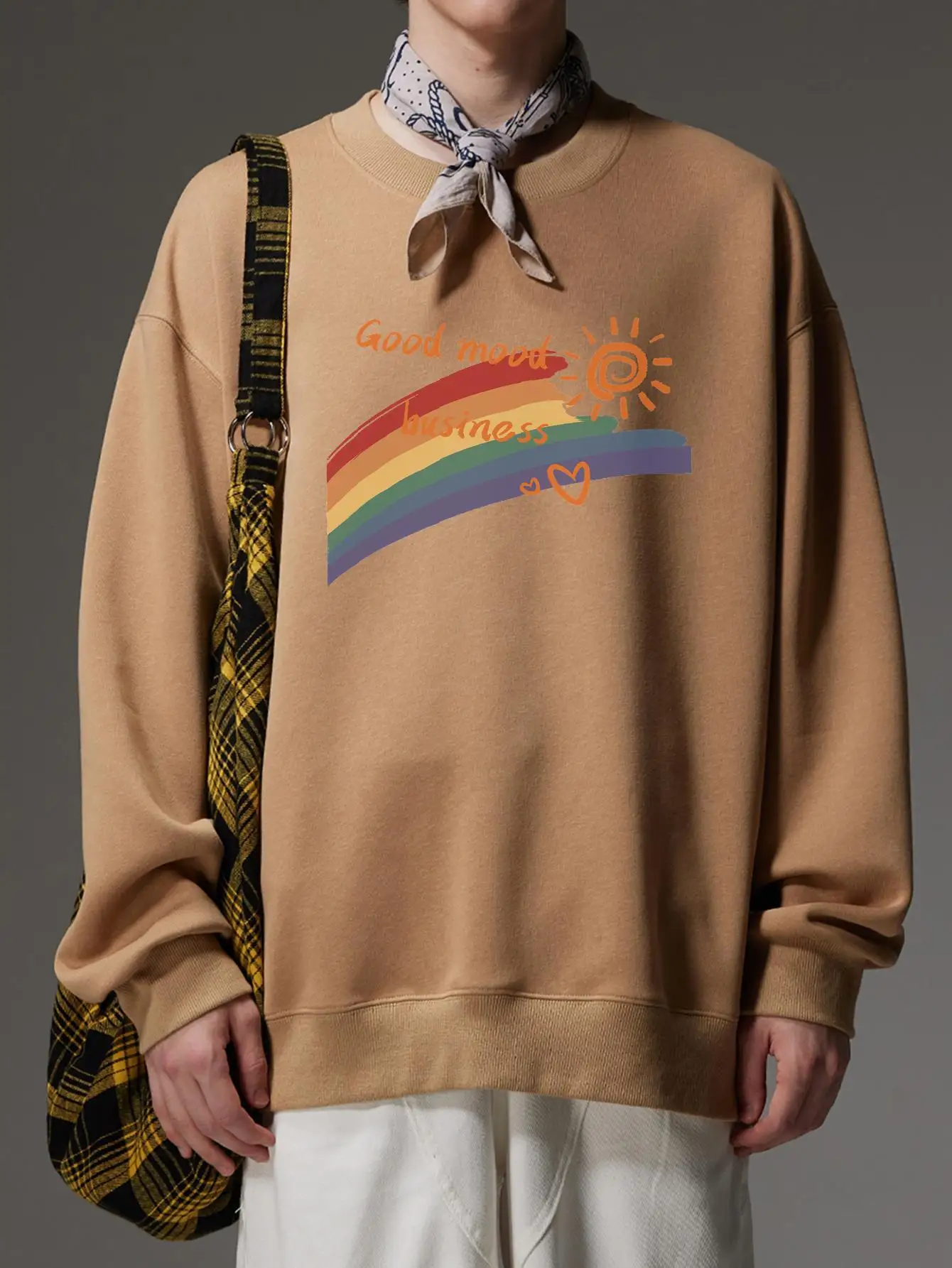 Crew Neck Long Sleeve Men Sweatshirt Rainbow Graphic Oversize Pullover Top Casual Korean Style Male Clothing Y2k Hoodies