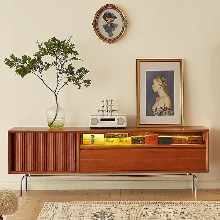 

Nordic solid wood TV cabinet, household small apartment stainless steel floor locker, living room retro storage audio-visual cab