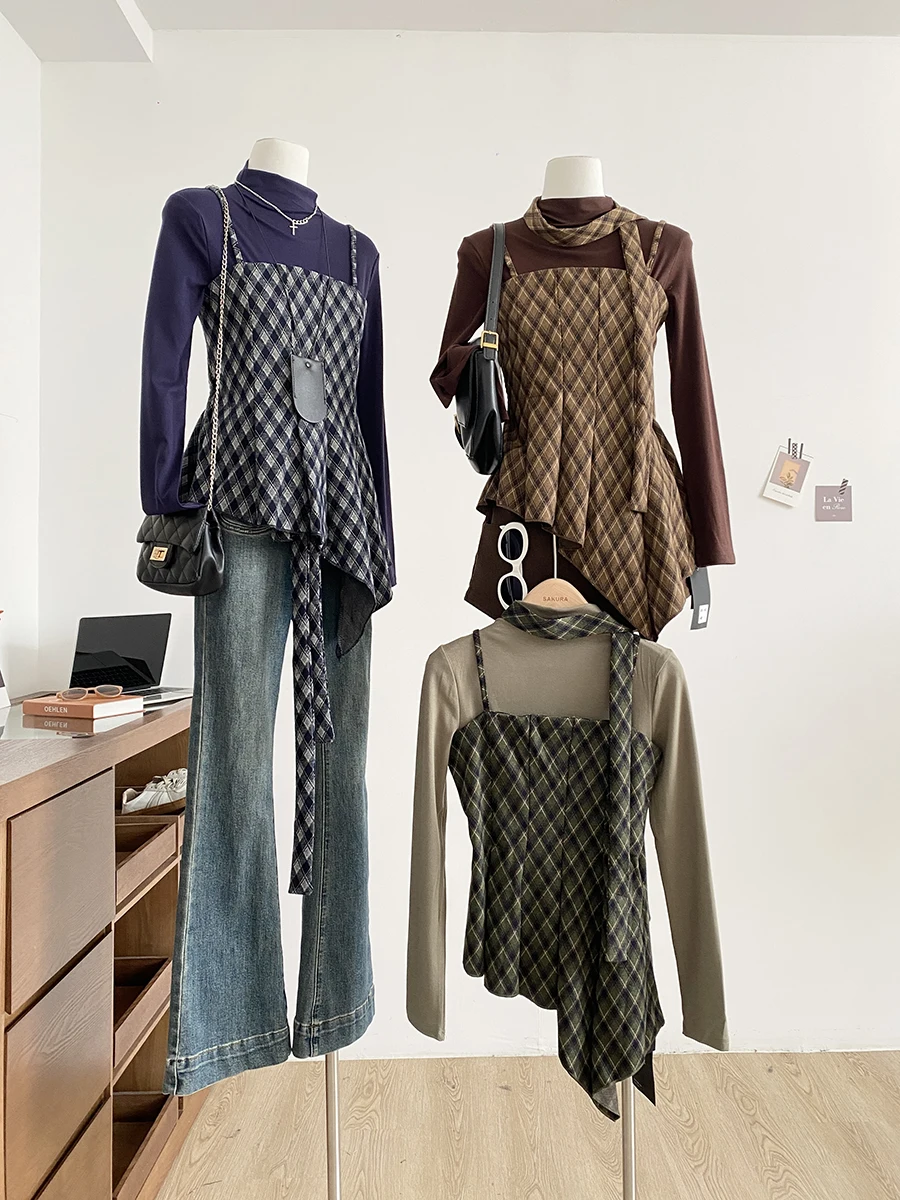 

Retro Plaid Asymmetrical Strap High Collar Long Sleeve Women's Top And Bottom Set Fashionable Commute Style Autumn Wear