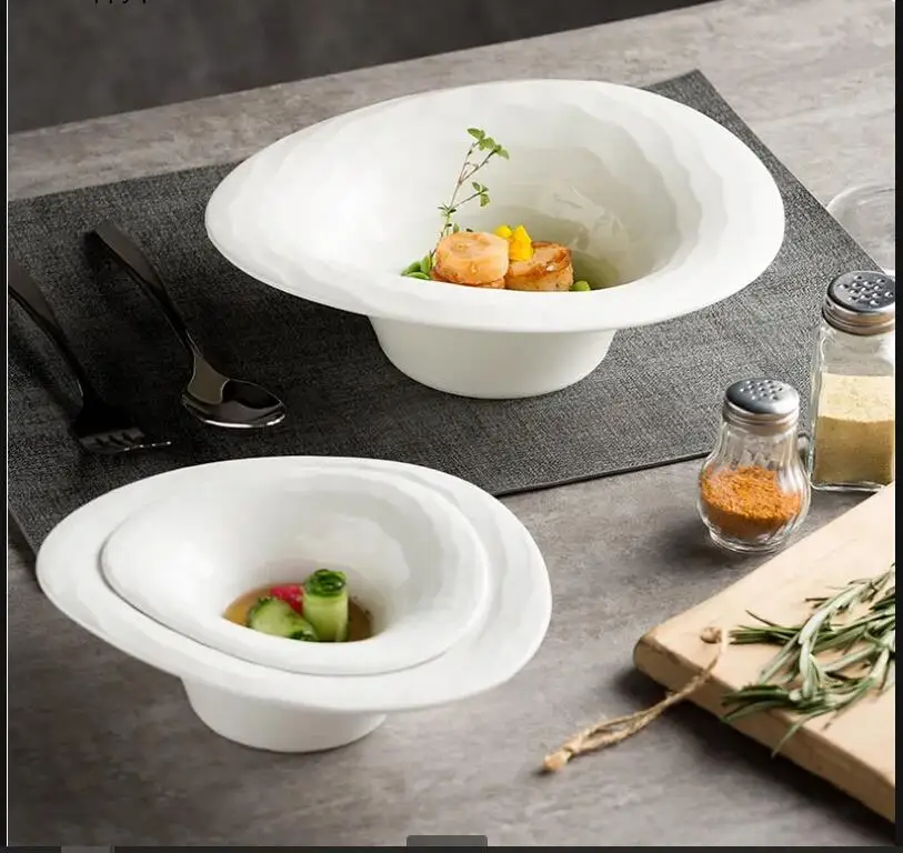 

Irregular White Ceramic Bowl Dinner Plate Noodle Bowls Soup Fruit Salad Dessert Dish Decorative Tableware