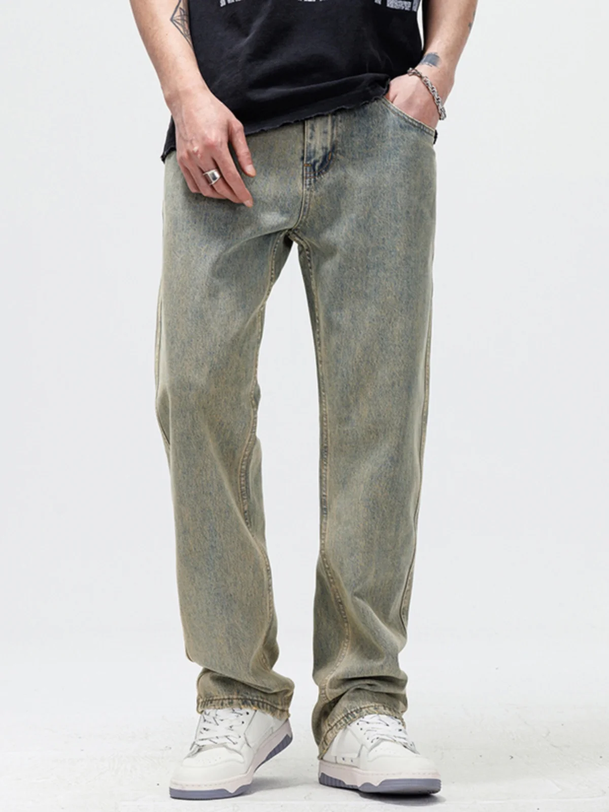 

Мужские винтажные джинсы в американском стиле, модные, свободные, прямые, цвета желтой глины, повседневные, простые, длинные брюки