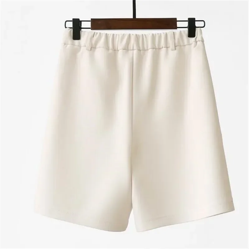 Thin Beige Suit Shorts Women\'s Summer 2024 New High Waist Loose Wide Legs Straight Office Ladies Cropped Shorts Woman