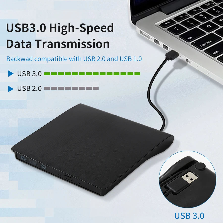 AMMTOO-Drive externo portátil de CD e DVD, USB 3.0, apto para DVD-R, DVD-RW Player, queimador para PC, Laptop, Computador, Windows 10, 8, 7