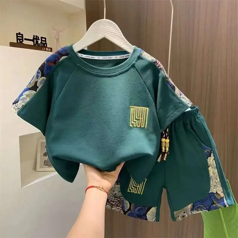 

Boutique Middler Small Children's Clothing Short Sleeve Pullover Cartoon T-Shirt+Shorts 2PCS Summer Baby Boys Golf Sport Clothes