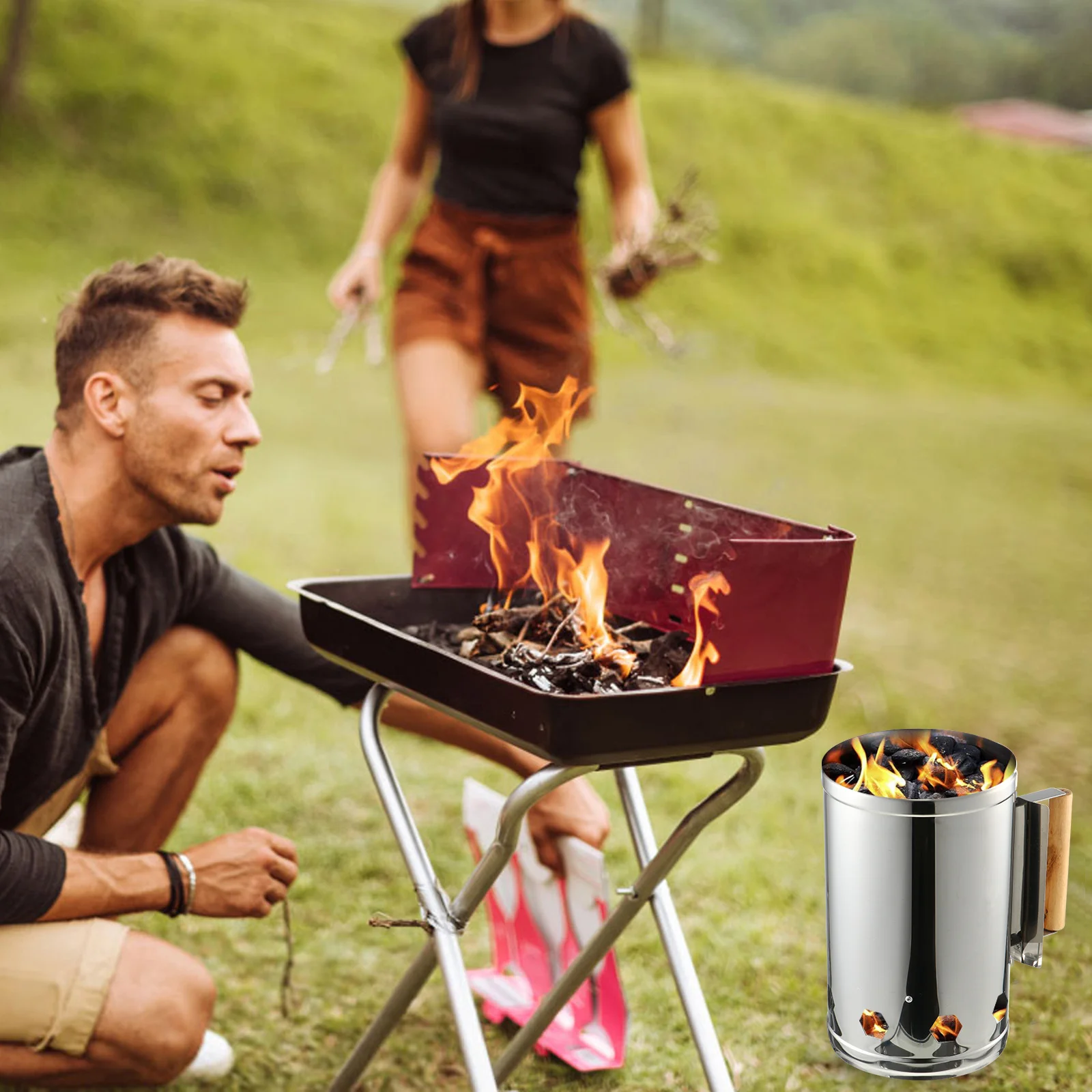 

1pc Outdoor Bbq Charcoal Chimney Starter Heat-Resistant Handle Fast Ignition Grill Tool For Barbecue Campfire Pizza Oven Carbon