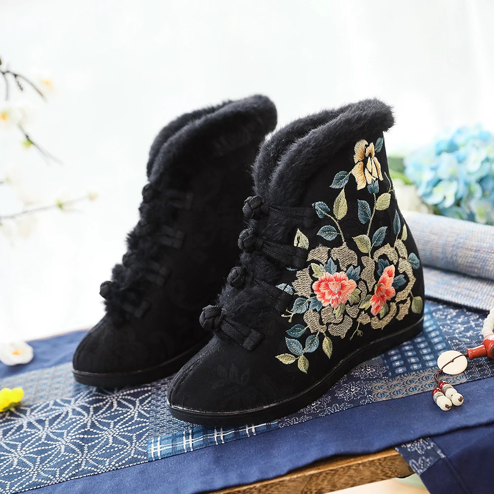 Veowalk 6cm Inside Wedge High Heel Winter Women Cotton Warm Lining Booties Chinese Embroidered Shoes Short Ankle Boots Black