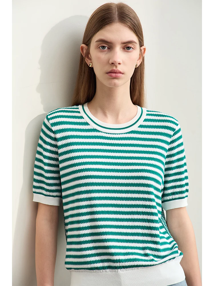 AMII Minimalism Striped Knit Sweater For Women 2024 Summer New Casual Round Neck Pullover Short-sleeve Spliced Blouse 12412007