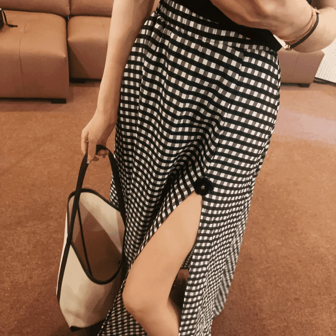 Hohe Taille Plaid A-Line Midi Rock frauen Herbst Neue Seite Schlitz Vintage Elastische Taille f Körper Rock Ele Abnehmen