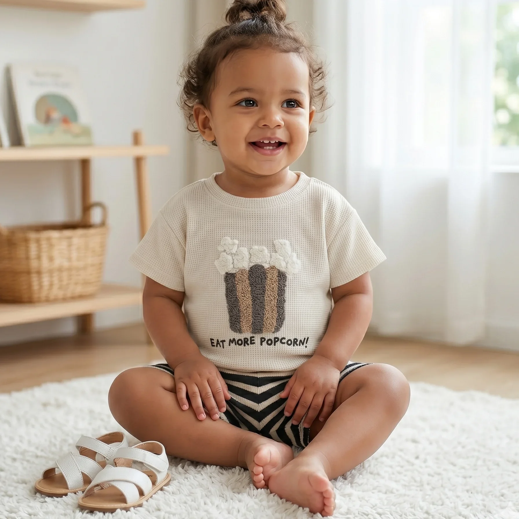 Summer Baby Boys Girls Clothes Children Popcorn Bucket Embroidery Sticker Shirt Shorts 2pcs Toddler Casual Style Clothing 0-3Y